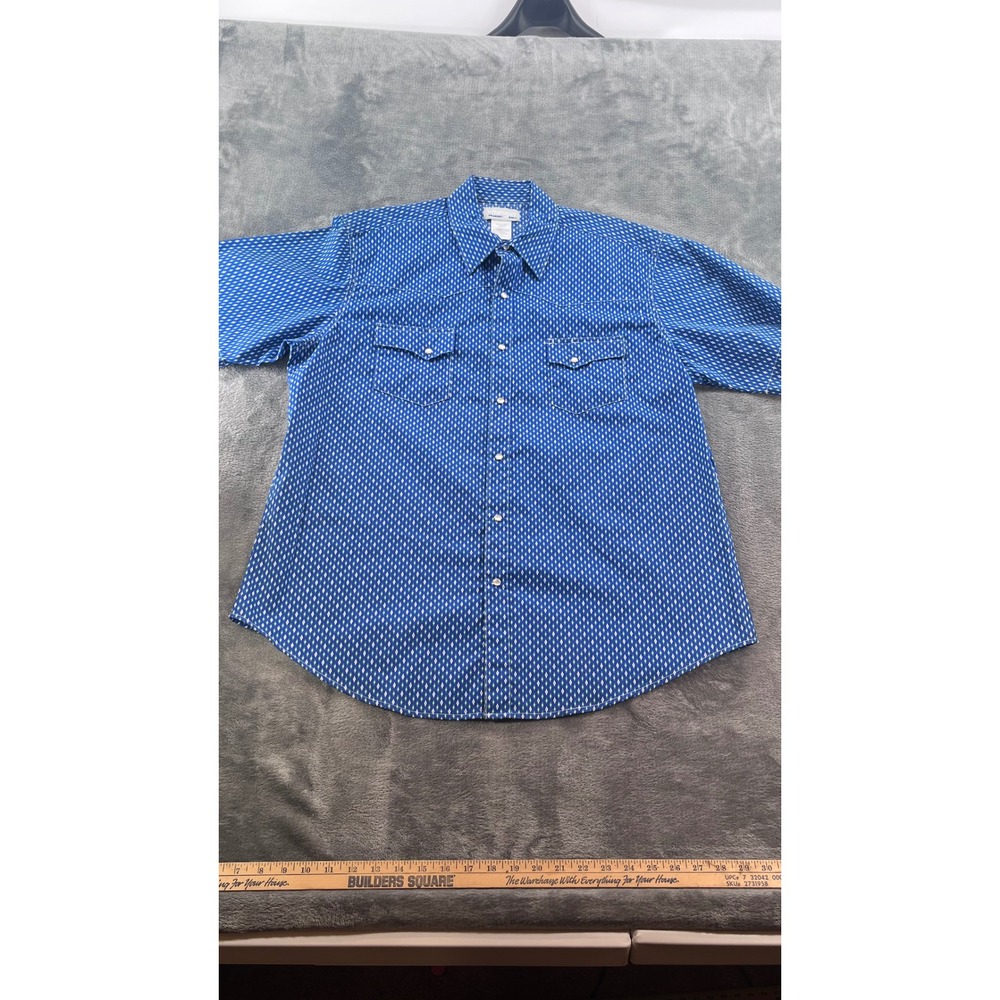 Wrangler Wrancher Men XL Blue Diamond Geometric Pearl Snap Western Shirt MTW1367